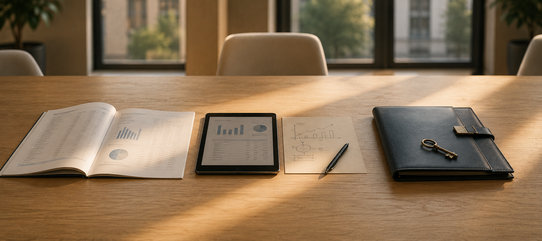 Ein langer Besprechungstisch im Lichtstrahl: Finanzbericht, Tablet mit Skizze, Ledermappe mit Schlüssel — drei Blicke auf dasselbe Unternehmen.